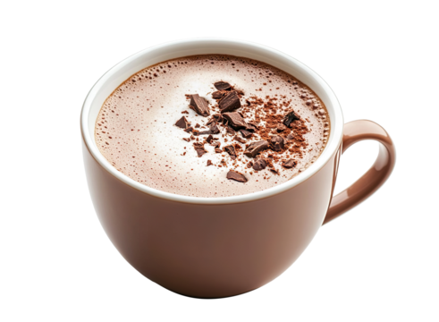 Cup of hot cocoa with chocolate flakes, isolated on transparent cutout background