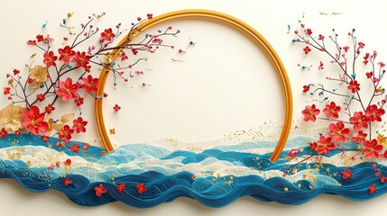 Golden Frame Surrounded by Delicate Paper Flowers and Wavy Ocean Landscape