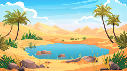 Obraz premium The Sandy desert with small lake under palm trees, game background, Illustration