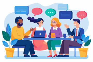 Conversation or business discussion, meeting, talk or chat together, group talk or communication dialog, message or speaking concept, business people coworker having conversation on speech bubble.
