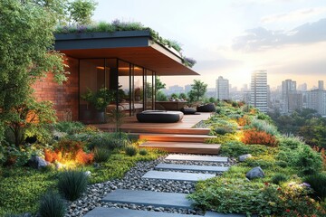 A modern urban rooftop garden with lush greenery, stylish planters, and seating areas. Generative AI
