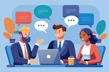 Conversation or business discussion, meeting, talk or chat together, group talk or communication dialog, message or speaking concept, business people coworker having conversation on speech bubble.
