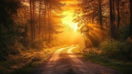 Obraz premium Serene sunrise over a beautiful forest road, bathed in warm light, inviting a peaceful journey.