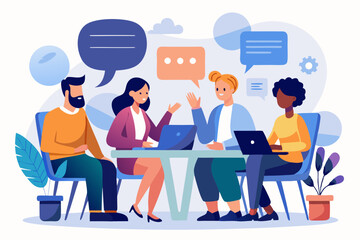 Conversation or business discussion, meeting, talk or chat together, group talk or communication dialog, message or speaking concept, business people coworker having conversation on speech bubble.
