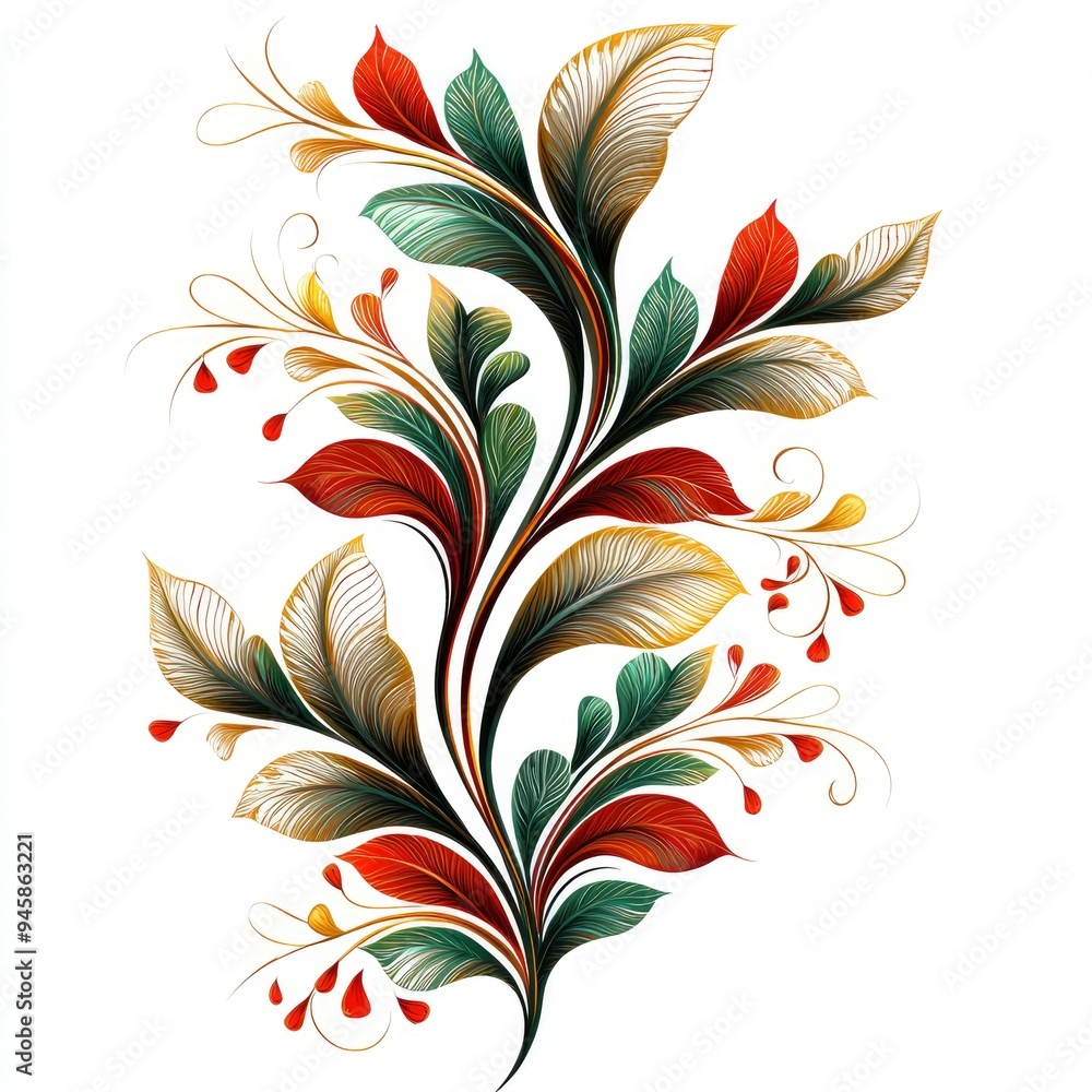 Wall mural Ornate Floral Design with Red, Green and Gold Leaves