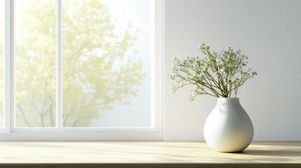 Serene white window with a simple vase on a wooden table, highlighting minimalist and fresh design.
