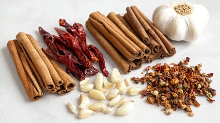 A collection of spices and garlic arranged for culinary use.
