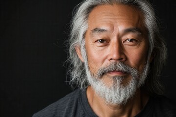 A mature man with long silver hair and a well-groomed beard gazes directly at the viewer, exuding wisdom and calmness in a dark setting. Generative AI