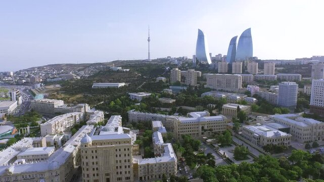 Aerial view of the Flame Tower in Baku, view of Baku Boulevard, Flame Towers in Baku