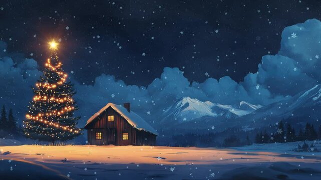 Christmas Tree and Lit Cabin in a Frozen Winter Wonderland: A Snowy Night Landscape with Mountains and Snowdall