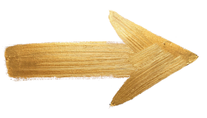 Golden hand painted arrow pointing right, isolated on a transparent background