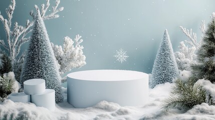 Simple product display podium set in a wintry setting, featuring soft snow and cool tones for a crisp, seasonal look.