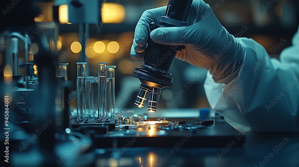 Aufkleber a scientist using a microscope in a laboratory, surrounded by test tubes.