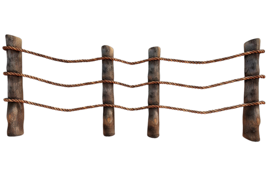 Rustic Wooden Fence with Securing Ropes Transparent Background, Realistic 3D Render