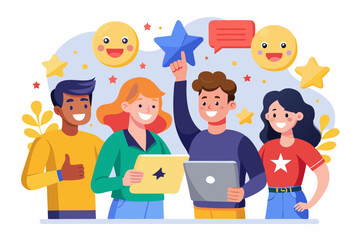 Customer feedback, user experience or client satisfaction, opinion for product and services, review rating or evaluation concept, young adult people giving emoticon feedback such as stars, thumbs up.
