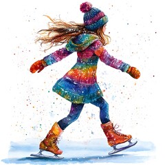 Watercolor Illustration of a Girl Ice Skating.