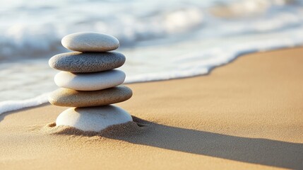 Smooth stones balanced on a sandy beach, representing Zen principles and relaxation by the water.