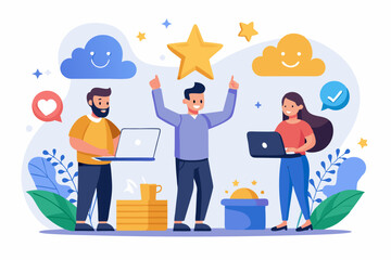 Customer feedback, user experience or client satisfaction, opinion for product and services, review rating or evaluation concept, young adult people giving emoticon feedback such as stars, thumbs up.
