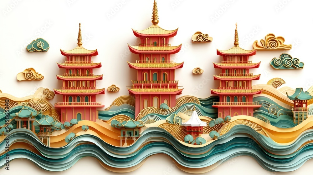 Wall mural Chinese Pagoda Paper Cut Illustration