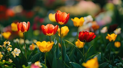Naklejka premium Spring flowers in full bloom, vibrant and colorful, ideal for a fresh and lively wallpaper.