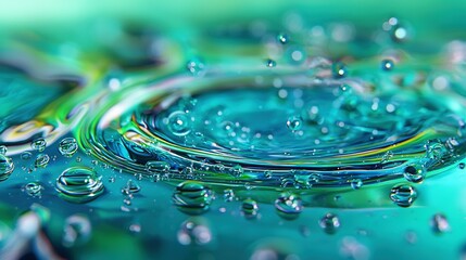   A close-up view of a blue-green liquid with water droplets on the surface