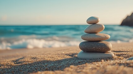 Stacked Zen stones on a tranquil beach, perfect for a peaceful and meditative visual theme.