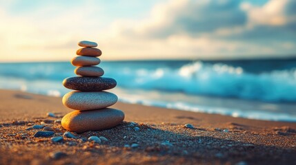 Stacked Zen stones on a tranquil beach, perfect for a peaceful and meditative visual theme.