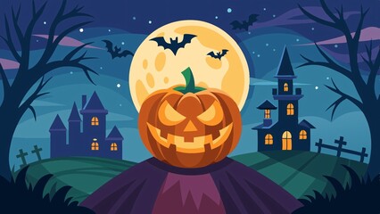 Fototapeta premium Spooky Halloween Night: A Dark Silhouette of a Pumpkin and Bat against a Full Moon