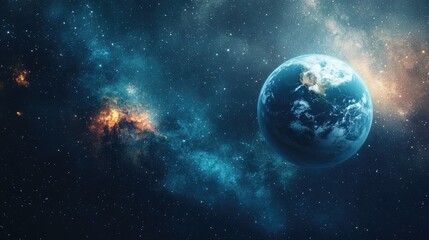 Fototapeta premium Starry sky with a glowing Planet Earth in the foreground, cosmic and awe-inspiring background.