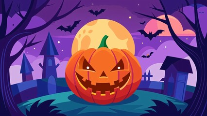 Scary Halloween vector illustration of a pumpkin in the dark, with bats flying around the moonScary Halloween vector illustration of a pumpkin in the dark, with bats flying around the moon