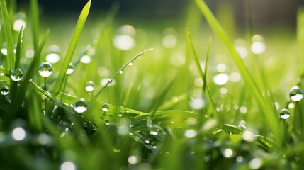 close-up of fresh green grass with dewdrops 