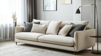 Fototapeta premium Stylish beige sofa with cozy pillows in a modern living room, highlighted by tasteful decor and soft lighting.