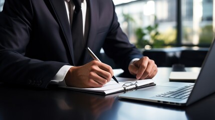 A confident businessman in formal attire holding an open notebook while reviewing documents on his desk,