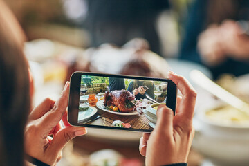 Turkey, phone or hands taking picture at restaurant for food photography, social media or status update. Screen closeup, influencer or woman at cafeteria for blog, meal post or chicken review online