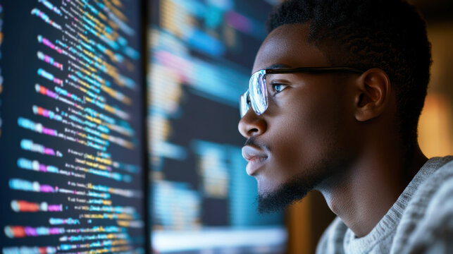 African American black man programmer, is coding software on a computer monitor displaying code. Inclusive software engineering concept