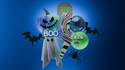 Halloween cartoon set 3d light pumpkin bat disco ball rip spider isolated color background 4k