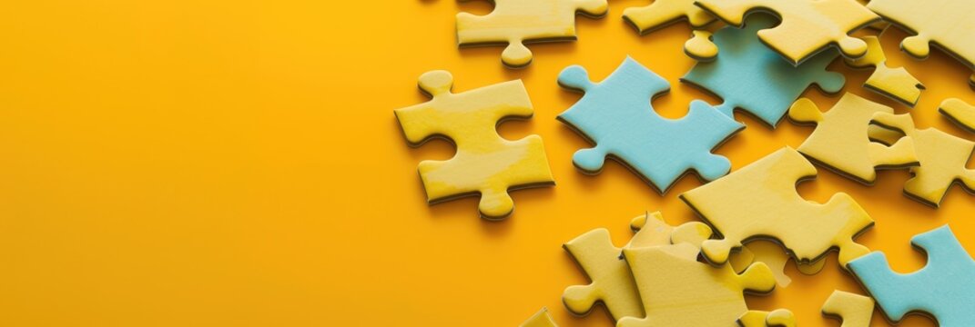 Image of colorful puzzle pieces scattered randomly on a vibrant yellow background, creating a playful and engaging visual concept.