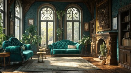 Obraz premium Traditional medieval-style house interior with teal lounge chairs and sofas, highlighting a refined and historical aesthetic.