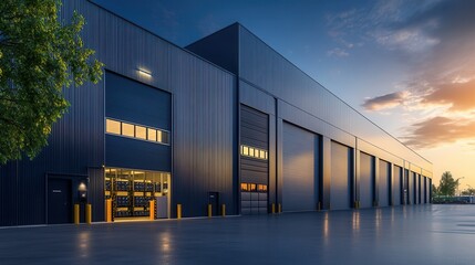 Obraz premium Modern Warehouse Exterior with Gray Steel Walls and Large Garage Doors - Photorealistic View at Golden Hour. AI generated illustration