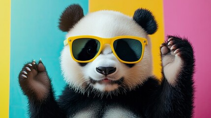 Fototapeta premium Trendy big panda wearing yellow sunglasses, waving its hand playfully, with a colorful background and cool vibe.