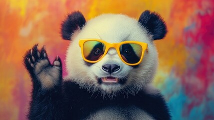 Fototapeta premium Trendy big panda wearing yellow sunglasses, waving its hand playfully, with a colorful background and cool vibe.