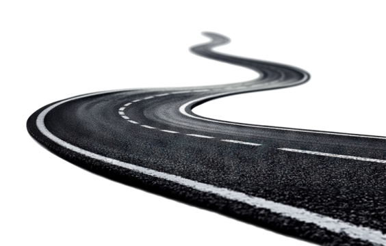 Curved asphalt road with white lines, isolated on transparent cutout background