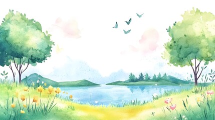 Whimsical Watercolor Landscape with Lake and Trees in Cartoon-Style Nature