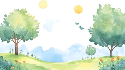 Whimsical Watercolor Nature Book Cover with Cartoon Landscape and Hills