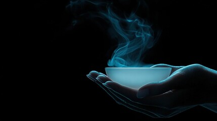   A person holds a white cup with smoke rising from it against a dark backdrop