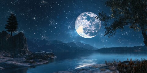 Fototapeta premium Tranquil lake scene with a full moon and starry night.