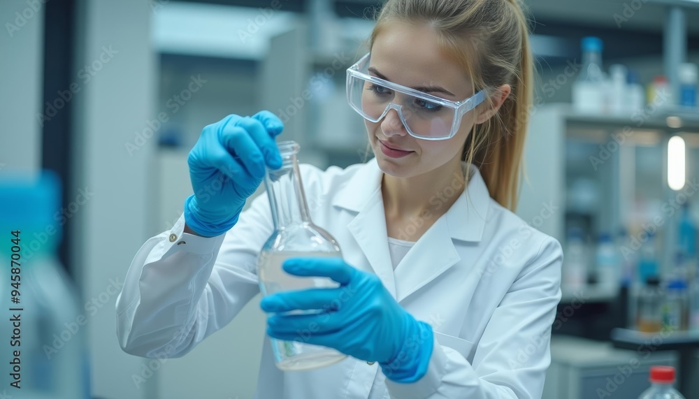 Poster scientist in lab focused on experiment