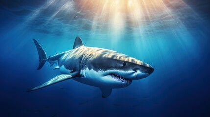 A great white shark swims gracefully in the deep blue ocean 