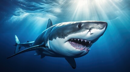 Fototapeta premium A great white shark swims gracefully in the deep blue ocean 