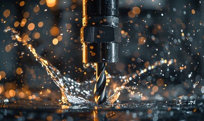 CNC machining centre drilling steel and using metal working fluid as coolant. 